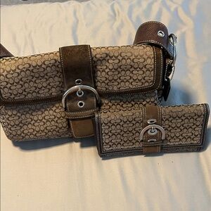 Coach Tan and Brown Signature Bag and Wallet Set